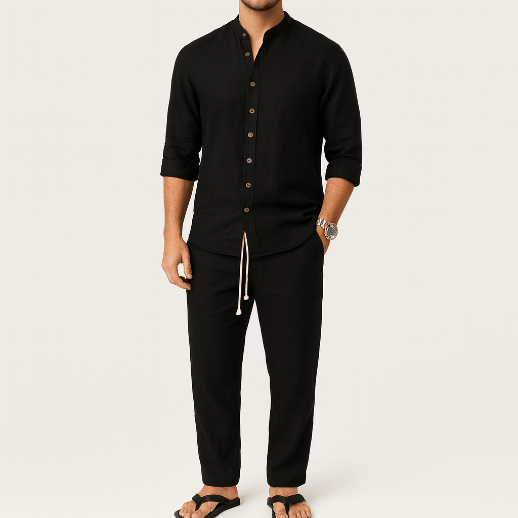 Soviska | Dopasowany komplet lniany z koszulką polo