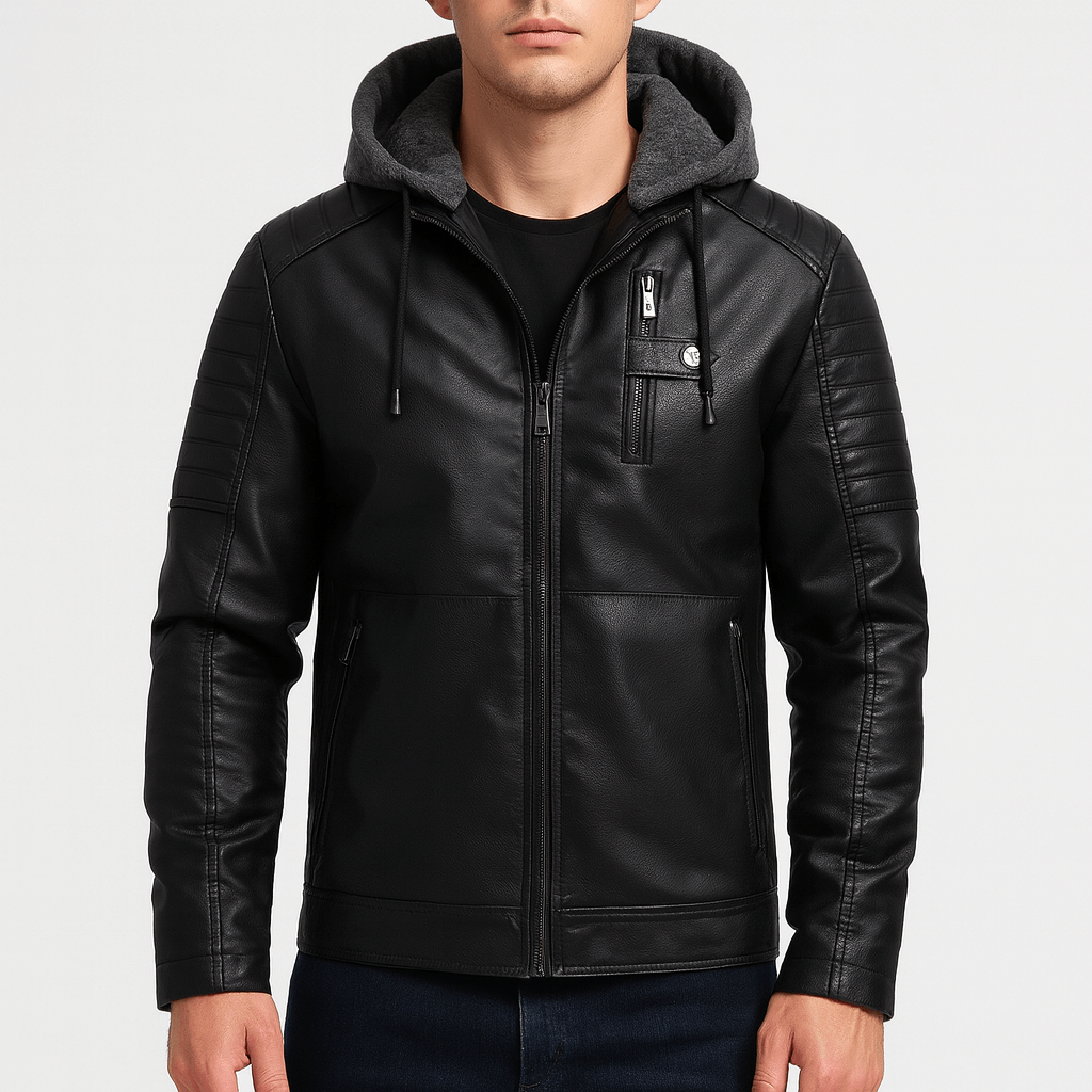 Soviska | Skórzany płaszcz z kapturem z pikowanymi rękawami