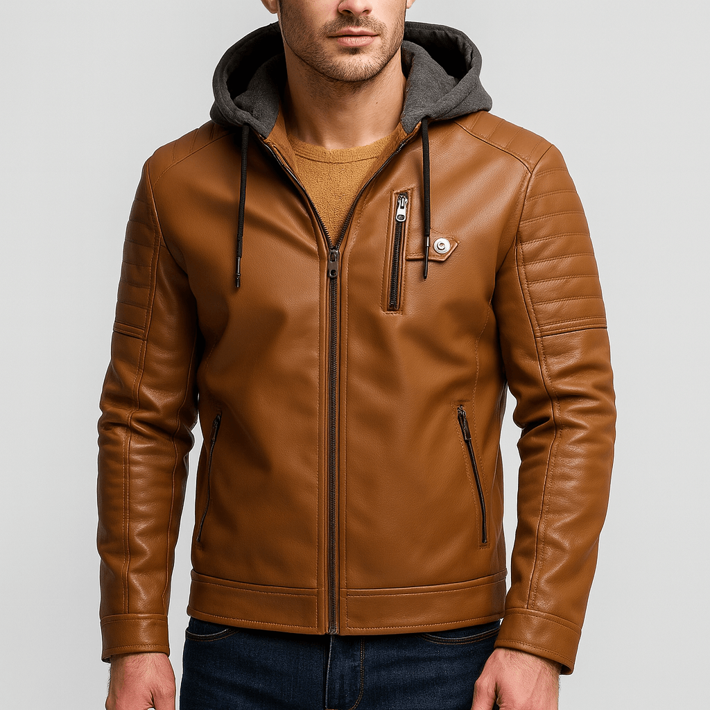 Soviska | Skórzany płaszcz z kapturem z pikowanymi rękawami