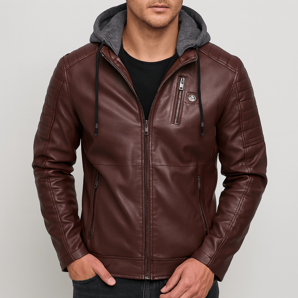 Soviska | Skórzany płaszcz z kapturem z pikowanymi rękawami